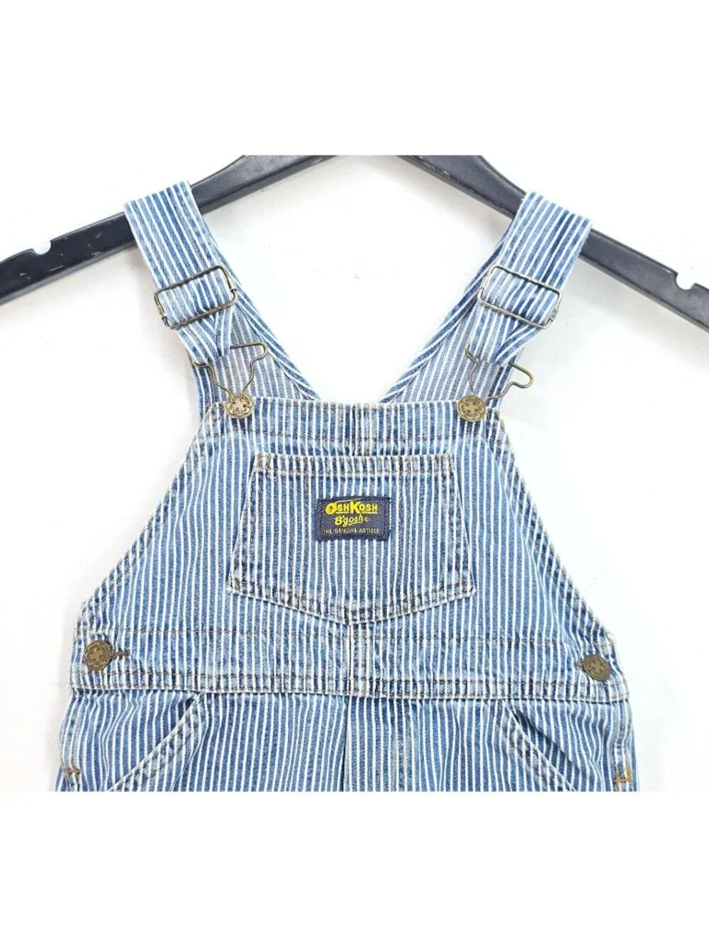 Vintage Osh Kosh Blue Denim Engineer Pinstriped Vestback Overalls Kids Size 3T